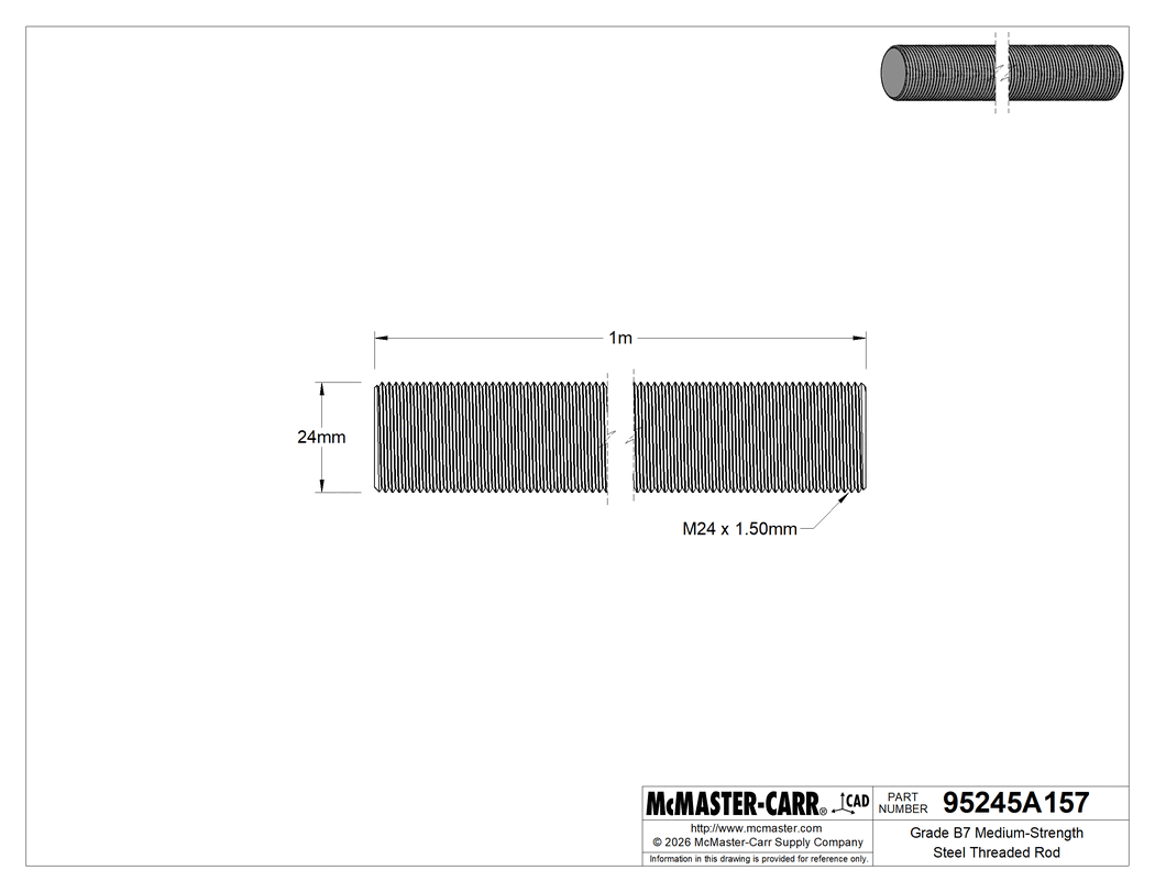 Technical Drawing of Grade B7 Medium-Strength Steel Threaded Rod, Fine-Thread, M24 x 1.5 mm Thread, 1 M Long.